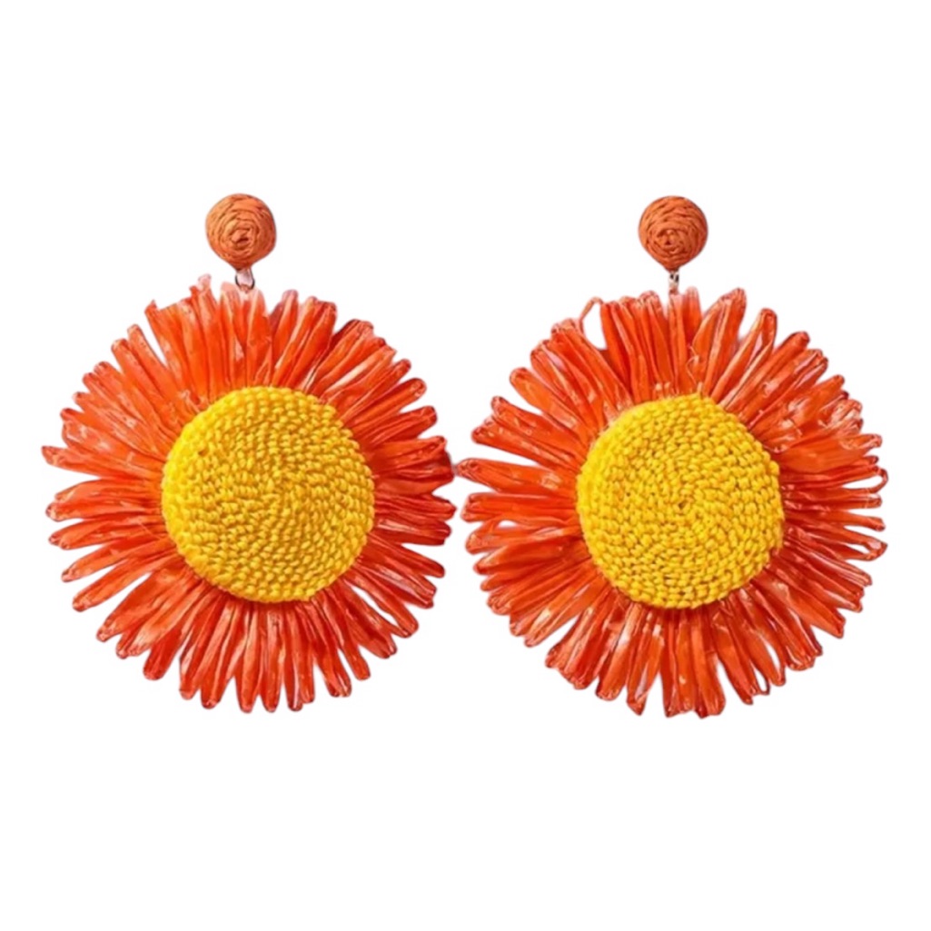 Orange Statement Raffia Grass Braided Sunflower Dangle Earrings 20$